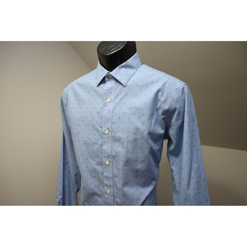 Banana Republic Button Up Dress Shirt Men Medium Blue Pink Dotted Slim Fit